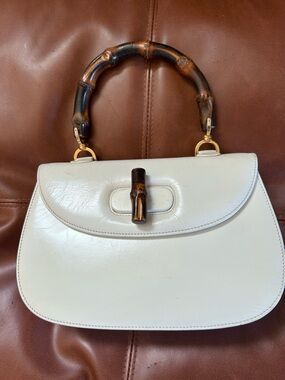 White Leather Bamboo-Handle Top-Handle Purse